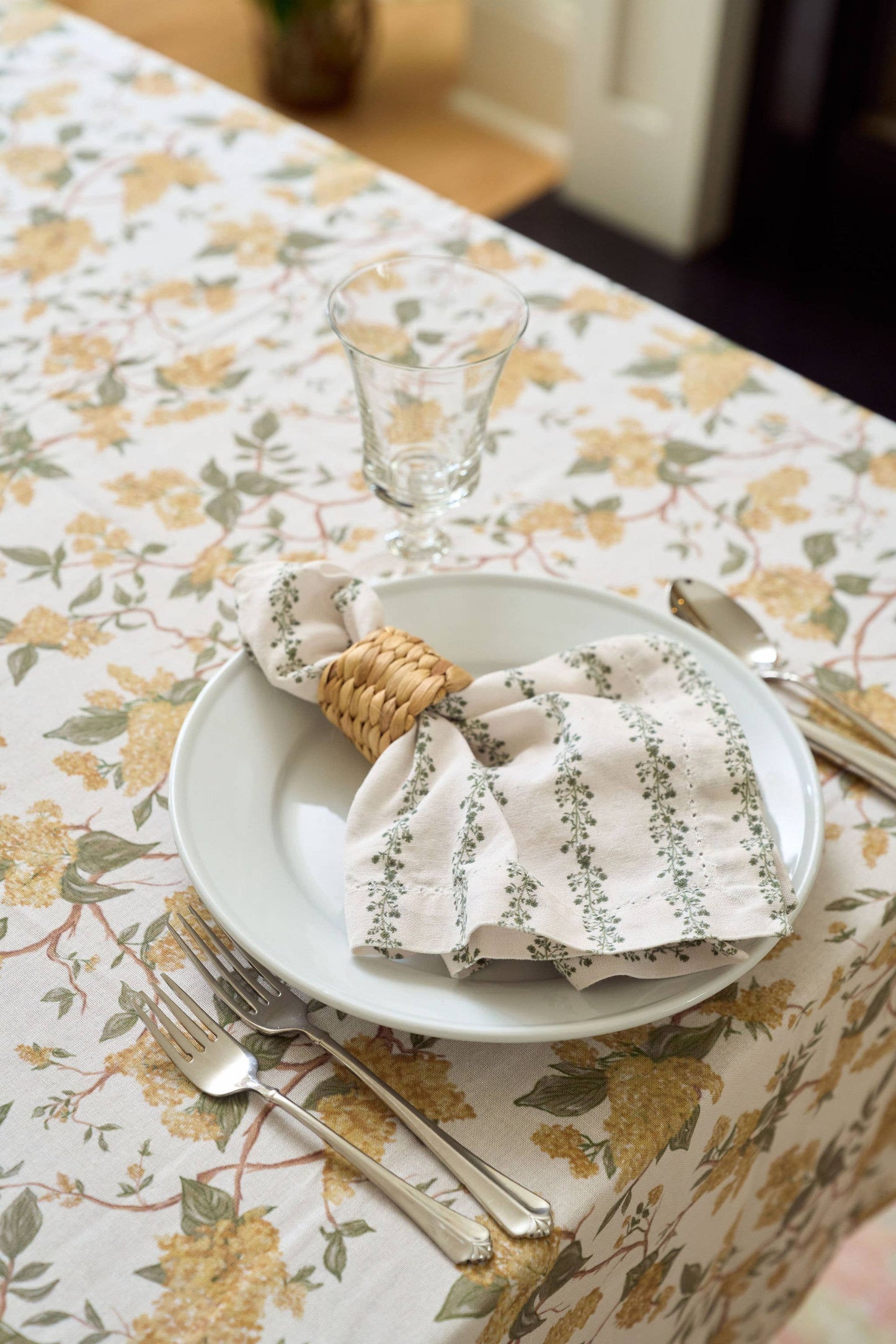 Begonia Stripe Fern Green Floral Napkins, Set of Four