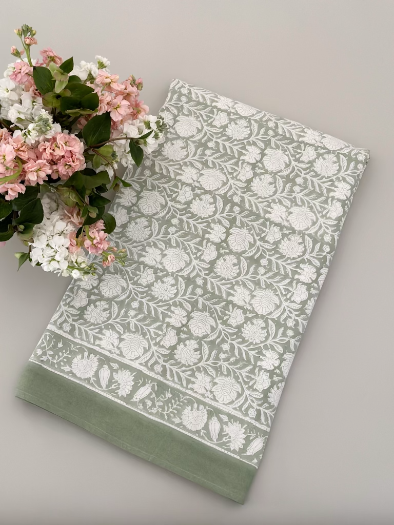 Light green print tablecloth: 108in round
