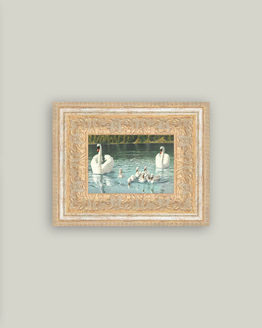 Swan Family Framed Antique Art: 9x7