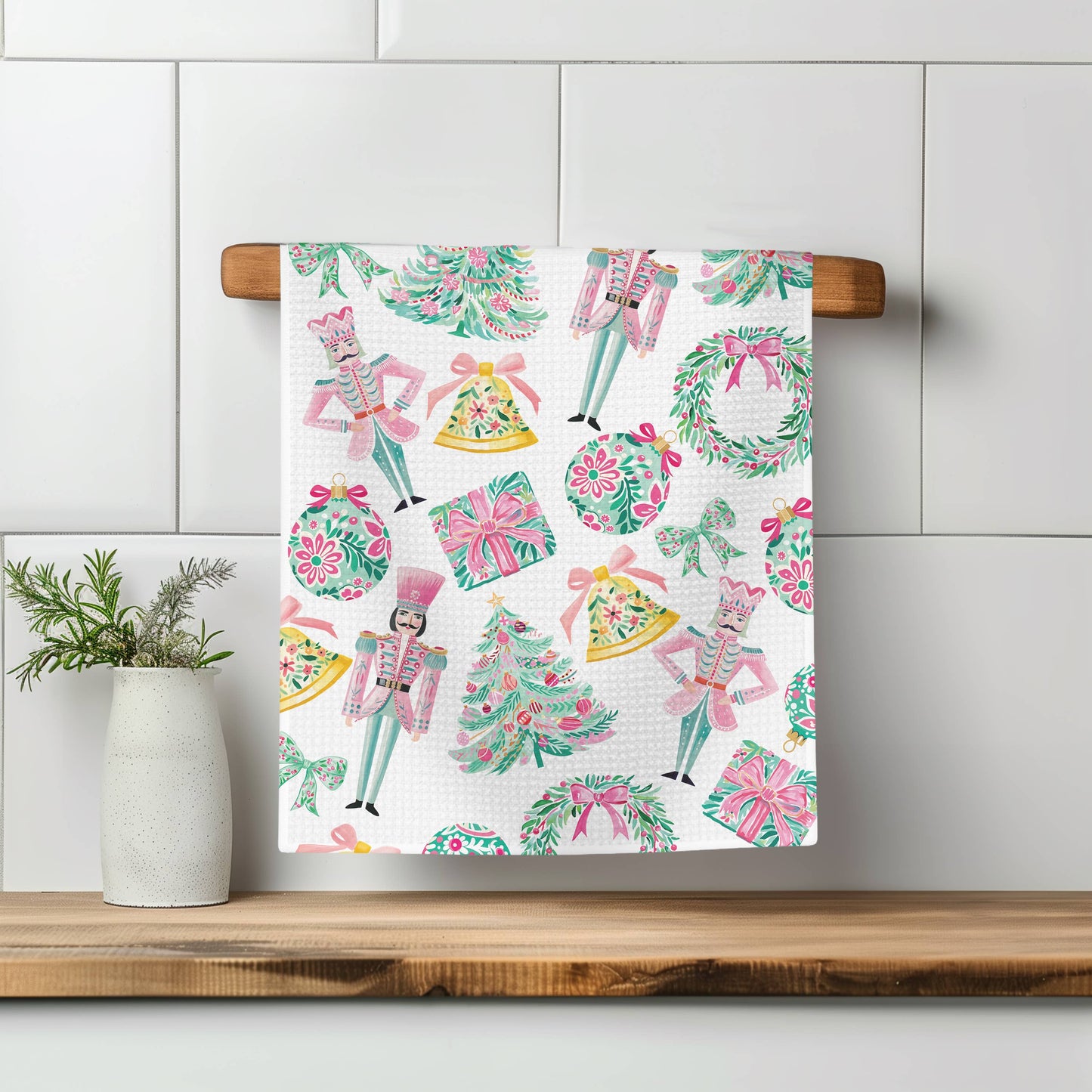 Nutcracker Pink Chinoiserie Christmas Kitchen Towel
