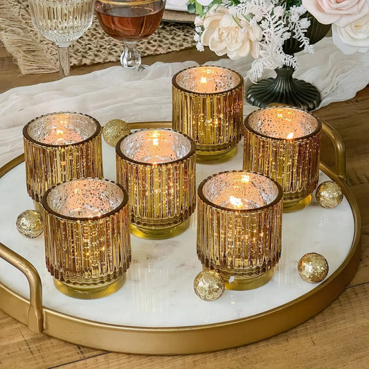 Ribbed Glass Votive Candle Holder, Gold