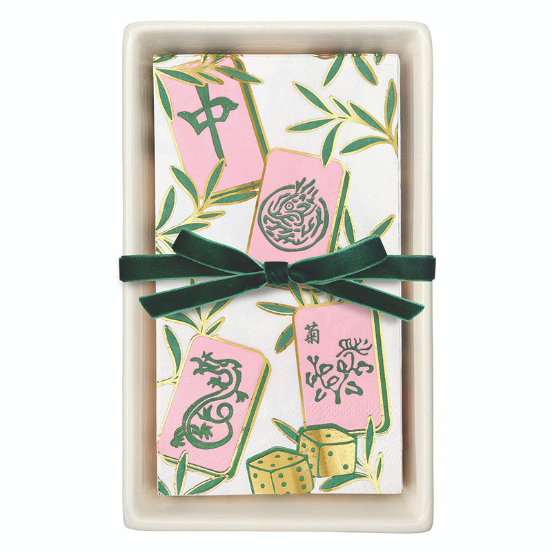 Ceramic Guest Napkin Tray + Napkins - Mahjong Tiles