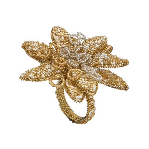 Beaded Flower Napkin Ring Gold, Set of 4