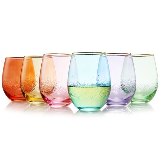 Art Deco Colored Crystal Stemless Wine Glass Set of 6, 15 oz