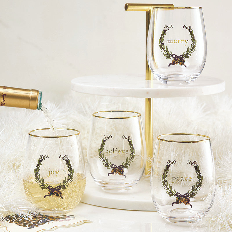 Gold Foil Boxed Stemless Wine Glass Set - Merry Christmas