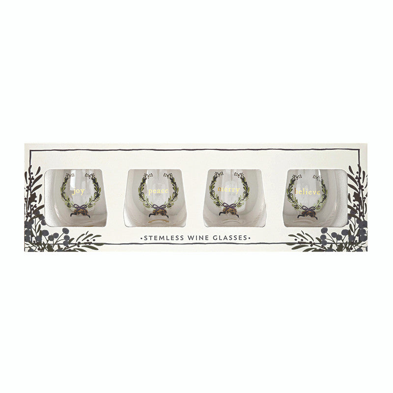 Gold Foil Boxed Stemless Wine Glass Set - Merry Christmas